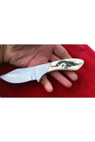 American Wildlife,  Scrimshaw Eagles & Salmon By Shar,  Fixed Blade Skinning Knife photo