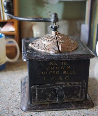 Antique Tin Crown No.  10 Coffee Mill Grinder Landers,  Fray & Clark Co. photo