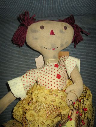 Primitive Folkart Doll Annie With Ditty Bag Stuffed Animal And Red Pip Berries photo