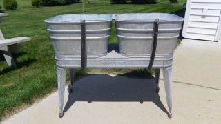 Wheeling Galvanized Double Wash Tubs W/stand - Hoses Primit Antique Vtg V.  G.  Cond. photo