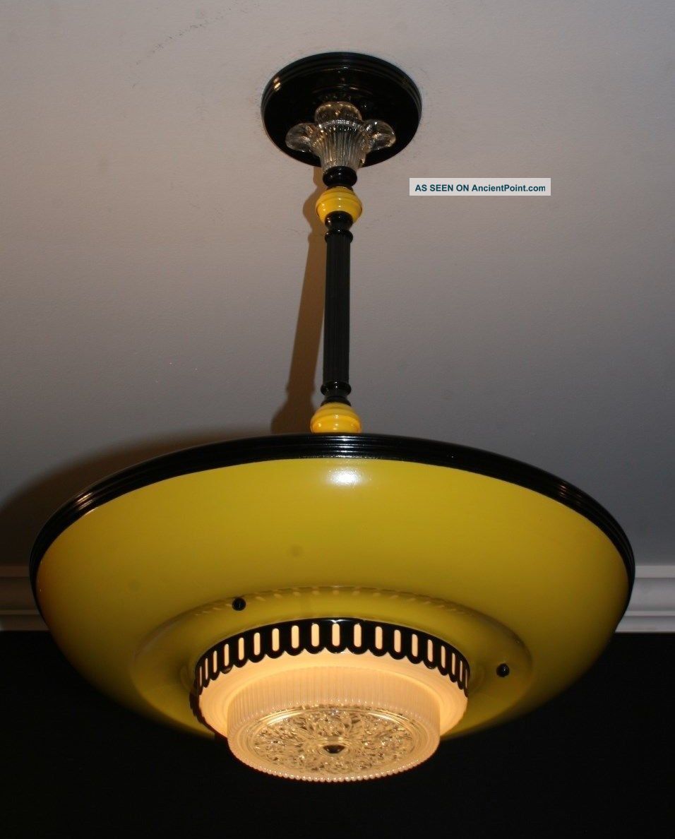 Antique Aluminum Saucer Yellow Black Art Deco Light Fixture Ceiling Chandelier Chandeliers, Fixtures, Sconces photo