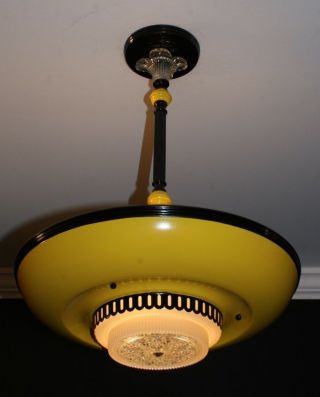 Antique Aluminum Saucer Yellow Black Art Deco Light Fixture Ceiling Chandelier photo