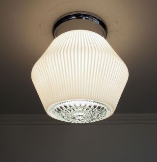 Vintage Mid Century Modern White And Clear Glass Ceiling Light Fixture photo