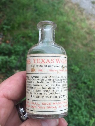 Rare Attic Find Antique Blown Embossed With Label Texas Wonder Medicine Bottle photo