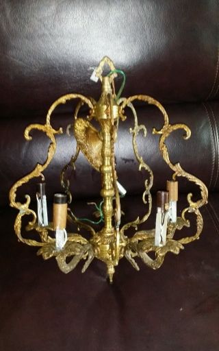 Rare Small 5 Light Gold Bronze Spain Chandelier Crystal Vintage Old Lamp French photo