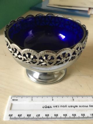 Silver Plate Celtic Sugar Bowl With Cobalt Blue Glass Insert photo