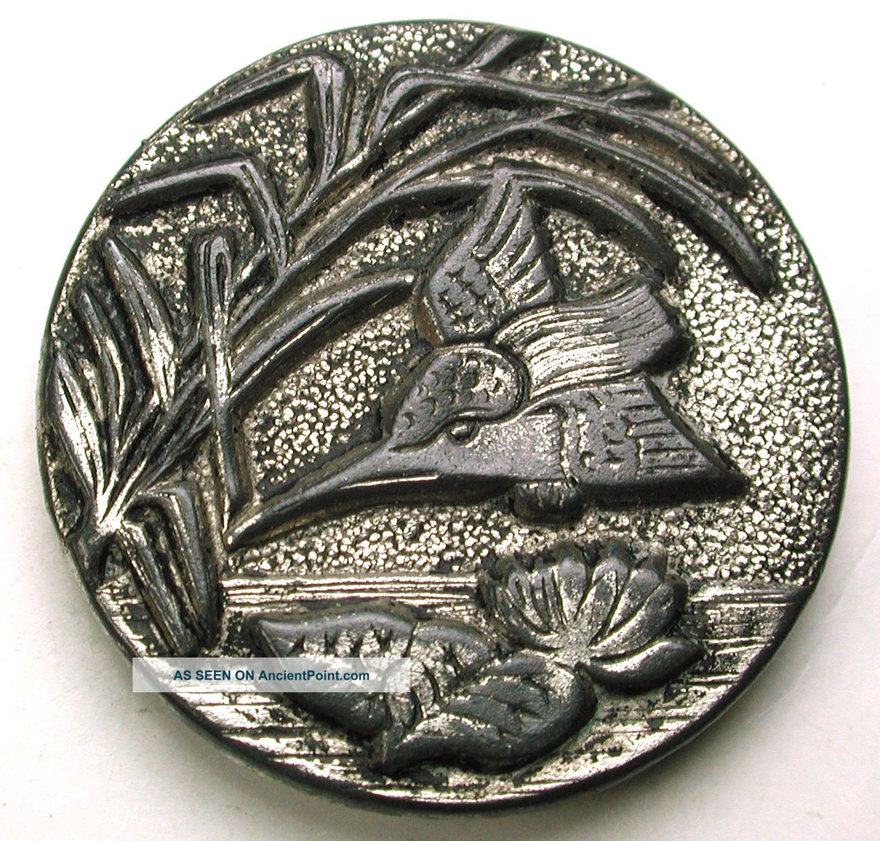 Antique Metal Button Humming Bird Flying Over A Pond - 1 & 1/16 