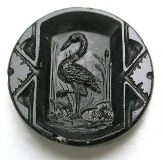 Antique Black Glass Button Detailed Crane In A Marsh - 5/8 