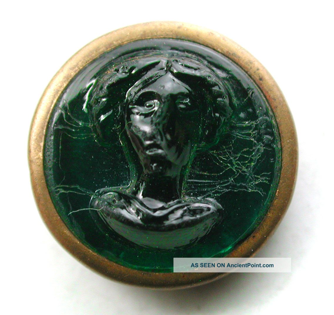 Antique Glass In Metal Button Green Womans Head In Brass - 7/16 Inch Buttons photo