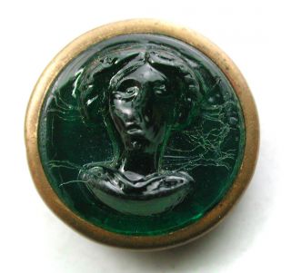 Antique Glass In Metal Button Green Womans Head In Brass - 7/16 Inch photo