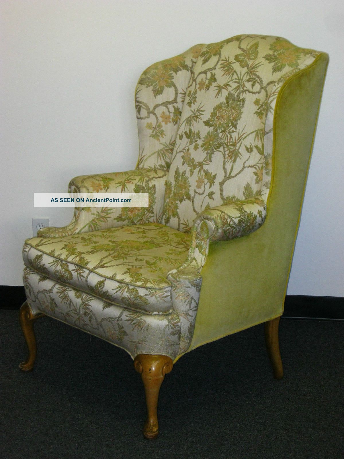 Vintage French Provincial Wingback Arm Chair Floral & Yellow Velvet Fabric Post-1950 photo