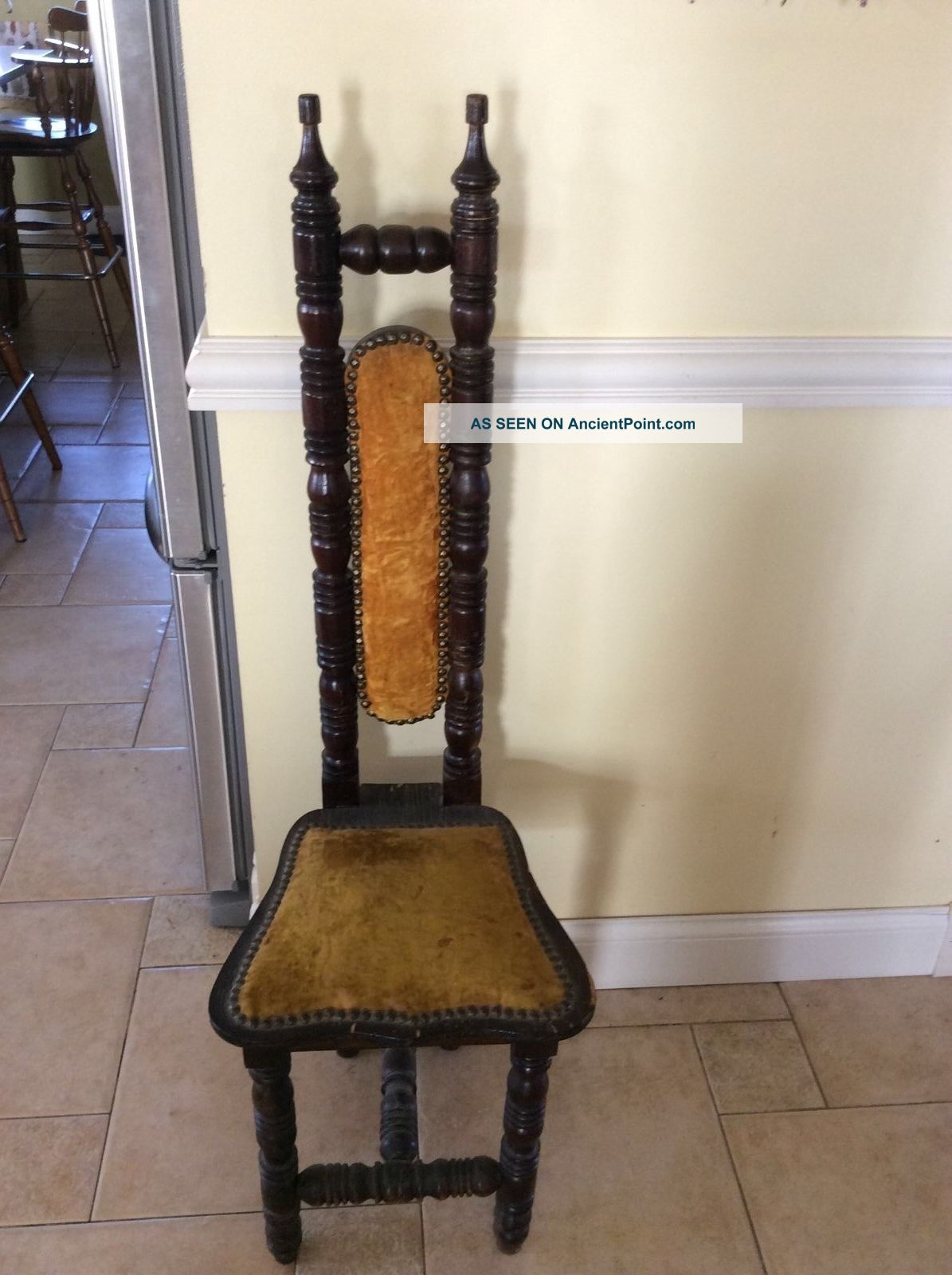 Jacobean Narrow High Back Chair Carved Wood Gothic Medieval Style Velvet 1900-1950 photo