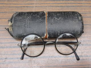 Vintage Antique Edwardian Spectacles Round Eyeglasses & Celluloid Upper And Case photo