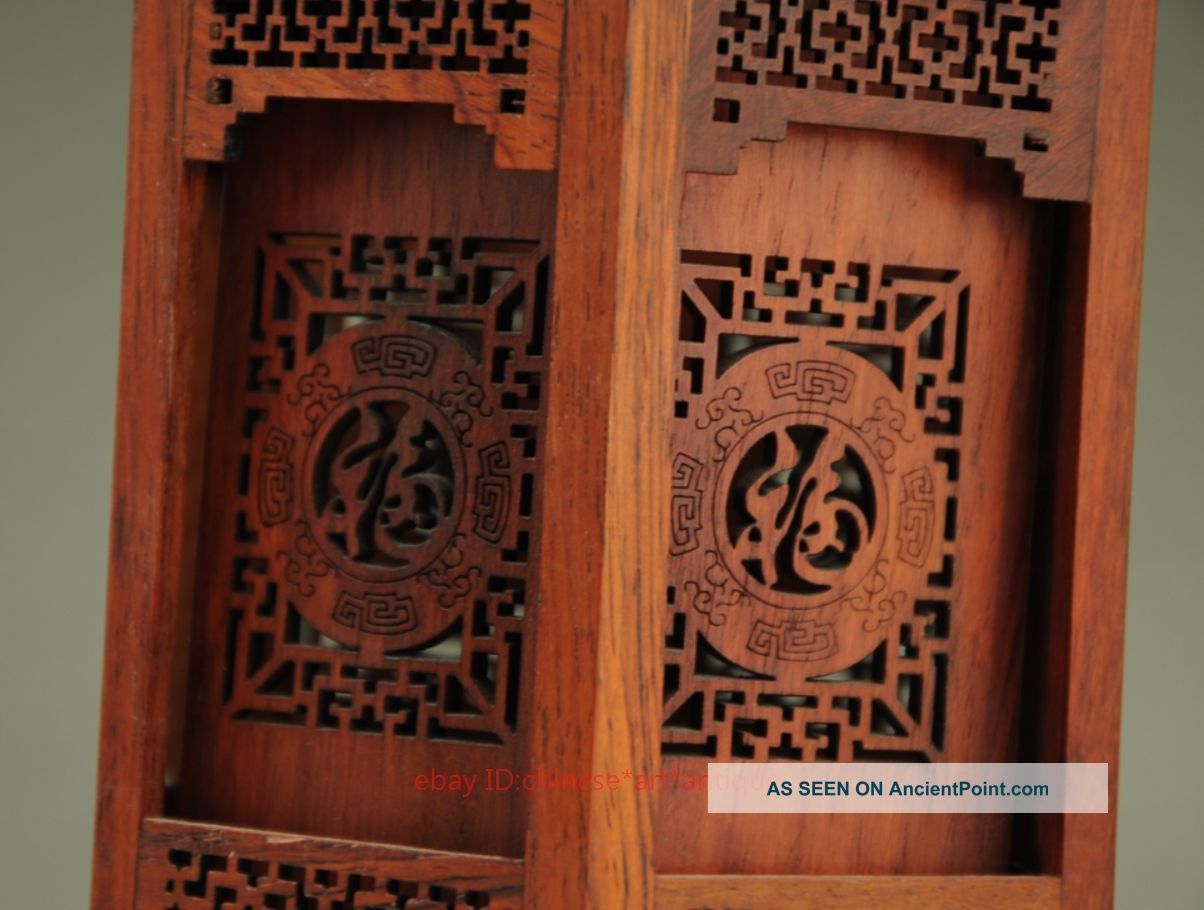 Chinese Palace Wood Handmade Carved Blessing Fu Hexagon Brush Pot Pencil Vase Incense Burners photo