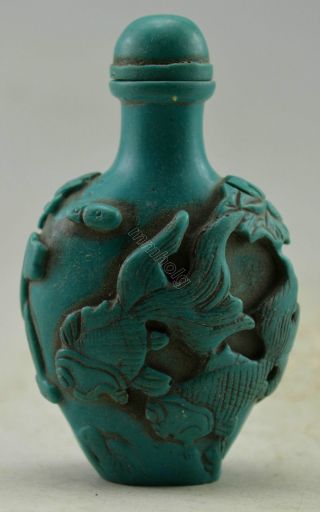 Collectible Decorated Old Handwork Turquoise Like Resin Fish Lotus Snuff Bottle photo