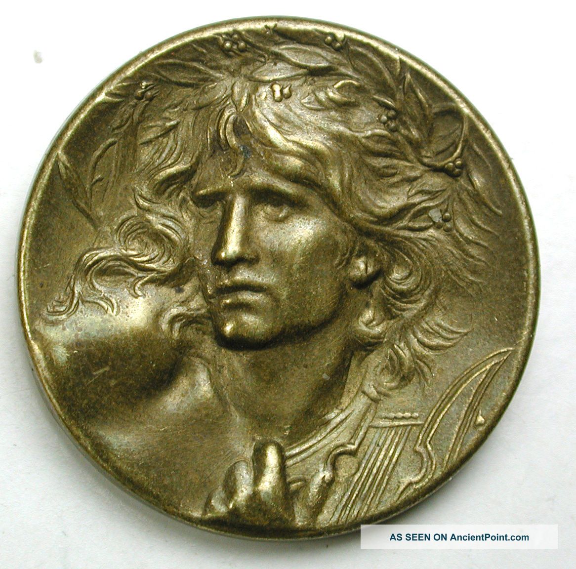 Antique Brass Button Art Nouveau Woman W/ Laurel Wreath & Lyre - 15/16 