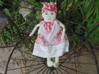 Primitive Rag Doll Feed Sack Dress Embroidered Face photo