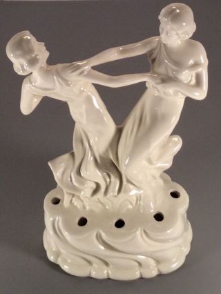 Antique Unmarked Art Deco Dancing Sylphs Porcelain Figurine Flower Frog photo