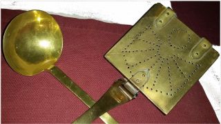 Antique Hearth Ware Solid Brass Ladle & Sq.  Bed Warmer / Roaster Punched Angel photo