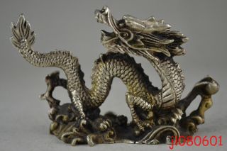 Old China Collectible Tibet Silver Carve Dragon Decorate Lucky Figure Statue photo