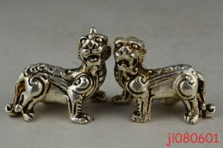 Collectible China Handwork Old Tibet Silver Carving Pair Myth Dragon Statue photo