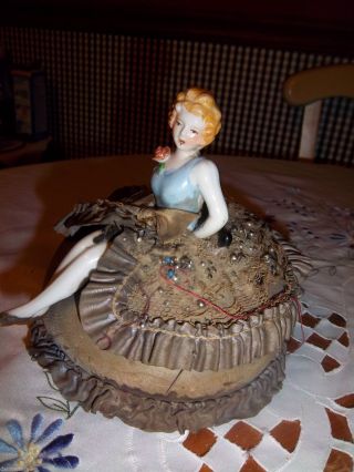 Antique German Porcelain Half Doll With Legs Pin Cushion Very Old photo