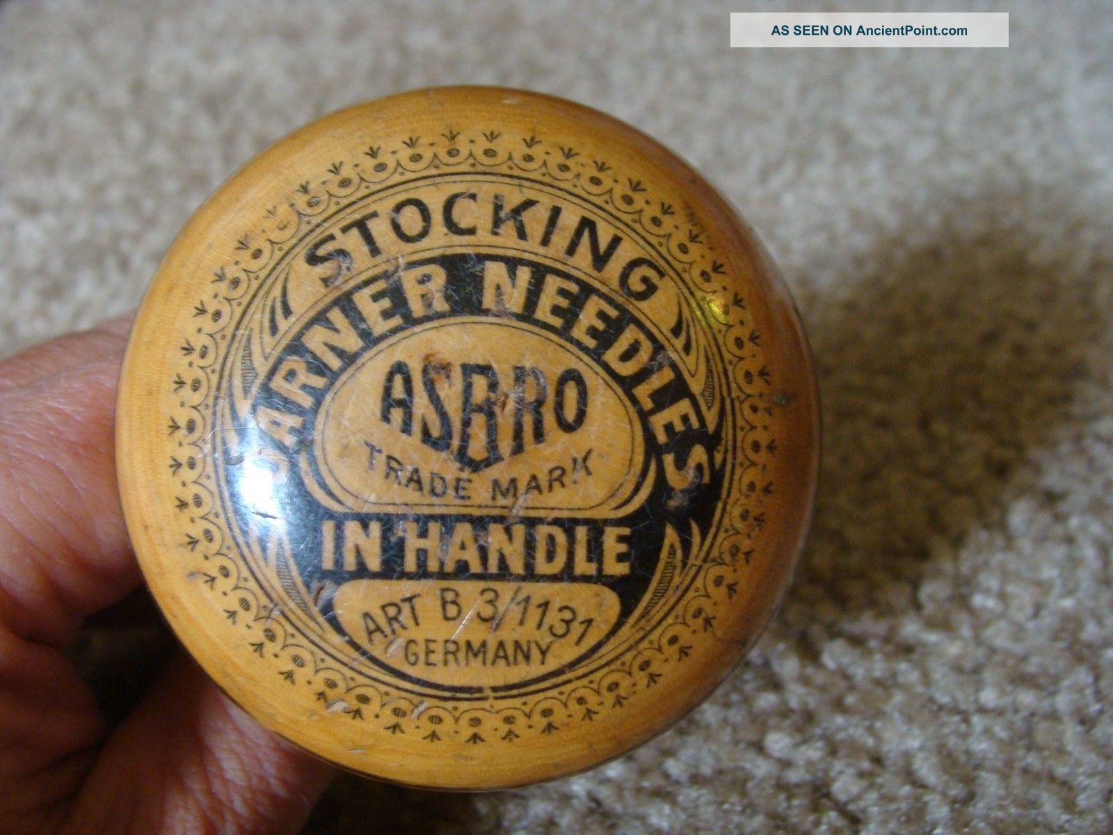 Advertising Asbro Wooden Sock Darner & Needle Case In Handle Germany H Other Antique Sewing photo