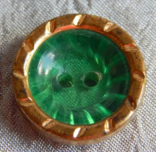Antique Vintage Green Drepression Glass & Brass Button 730a photo