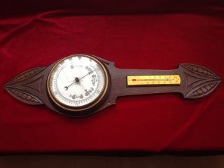 Antique Carved Oak Aneroid Banjo Barometer & Thermometer : Silvered Dials photo