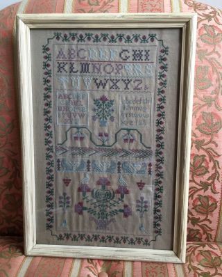 Early Americana Primitive Reproduction Cross Stitch Sampler In Old Painted Frame photo
