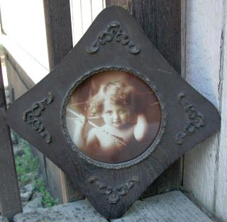 Antique 1897 Cupid Awake W/bow & Arrow In Diamond Shape Wood Picture Frame photo
