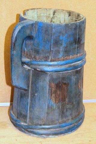 Rare Late 18th C American Wooden Staved Tavern Tankard In Great Old Blue Paint photo