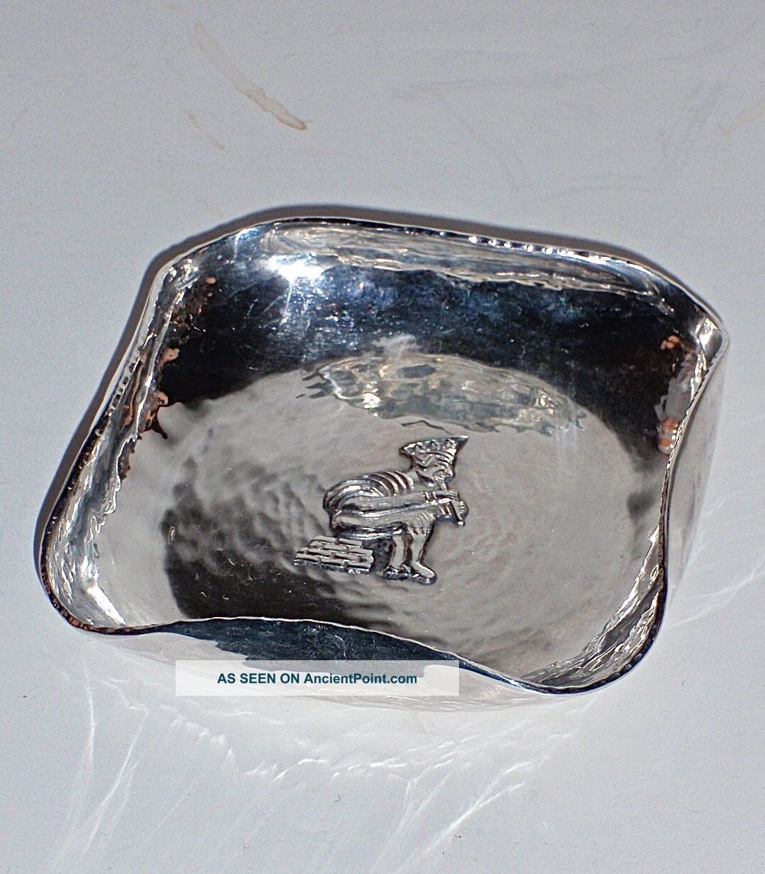 Vintage - Hand Hammered Solid.  925 Sterling Silver Ashtray W/peruvian Man & Flute Ash Trays photo