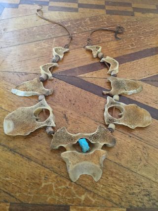 Native Navajo Indian Taxiderby Bull Bone Vertebrae Necklace With Turquoise photo