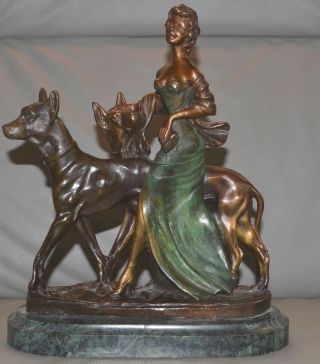 Bronze Sculpture Lady With Dogs By Menneville,  France 1930 photo
