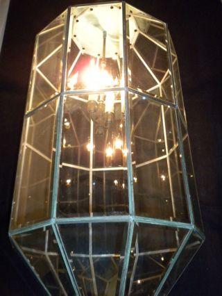 Antique Huge 40 Panel Bevel Glass,  10 Side Hanging Brass Gas Chandelier,  Electric photo