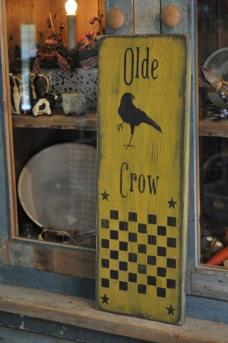 Mustard Yellow Wood Olde Crow Sign / Game Board Country Primitive Folk Art photo
