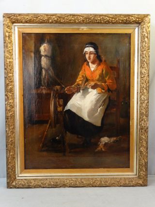 Antique 19thc Victorian Lady Sewing Homespun Primitive Spinning Wheel Painting photo