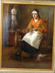Antique 19thc Victorian Lady Sewing Homespun Primitive Spinning Wheel Painting Primitives photo 1
