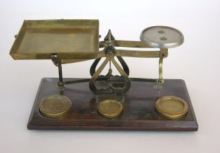 Rare Antique Johnsons Of Hendon Brass U.  K.  Postal Scale On Wooden Base,  Weights photo