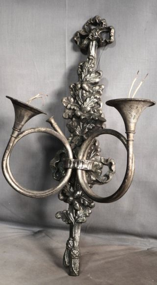 Antique French Double Sconce Hunting Horn Oak Leaves Bow Knot Silver Bronze photo