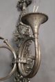 Antique French Double Sconce Hunting Horn Oak Leaves Bow Knot Silver Bronze Chandeliers, Fixtures, Sconces photo 4