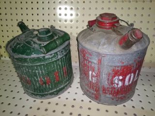 Antique Metal Oil Gas Can X2 | Galvanized Red Green 1 Gallon W/ Caps Ribbed Side photo