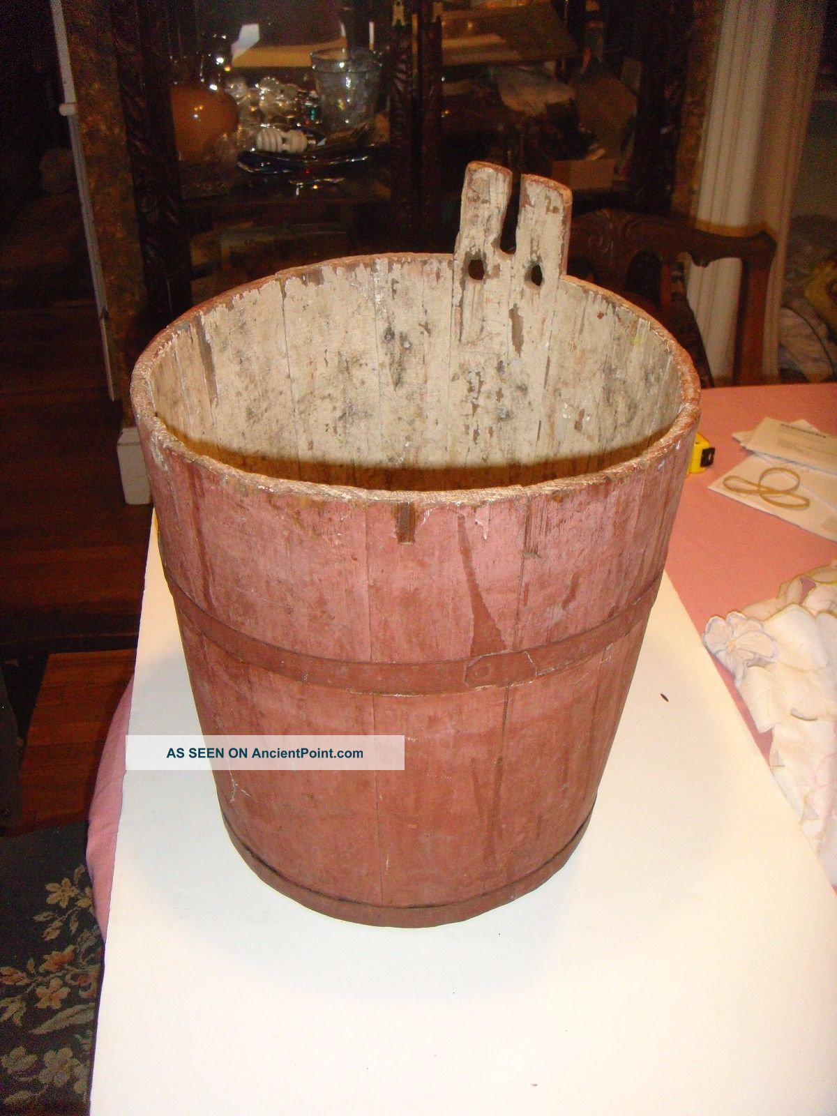 Antique Red Sap Bucket,  Staved Wood,  Metal Bands Primitives photo