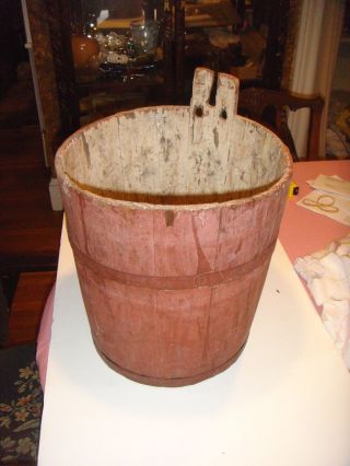 Antique Red Sap Bucket,  Staved Wood,  Metal Bands photo