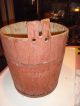Antique Red Sap Bucket,  Staved Wood,  Metal Bands Primitives photo 2