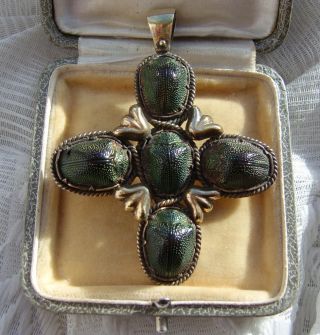 Extremely Rare Lge Victorian Egyptian Revival Multi Scarab Beetle Cross Pendant photo