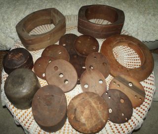 17 Antique Wooden Millinery Hat Band Blocks Molds Sizers Stretchers Brim Stands photo