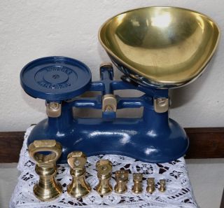 Vintage English Victor Indigo Blue Kitchen Scales & 7 Brass Bell Weights photo