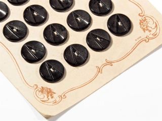 Card (21) 14mm Vintage Deco Czech Fancy Geometric Black Glass Buttons photo